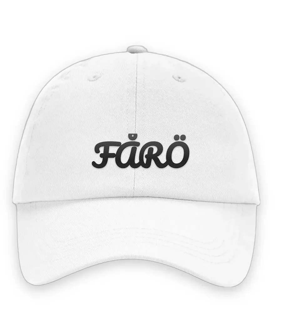 Broderad keps med texten FÅRÖ, Dad cap i vit