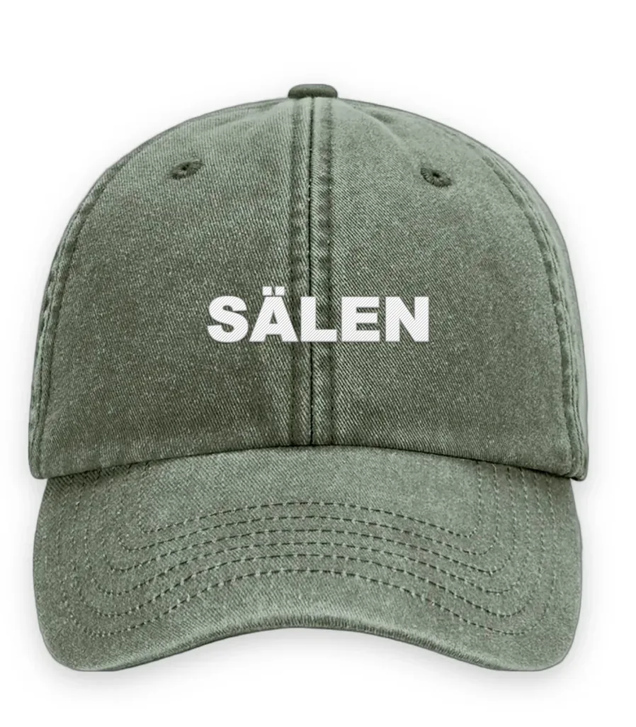 Broderad keps med texten SÄLEN, Vintage dad cap i oliv